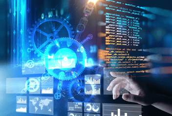 A hand interacts with a digital interface displaying code and data charts. A blue gear graphic overlays the scene, symbolizing systems integration